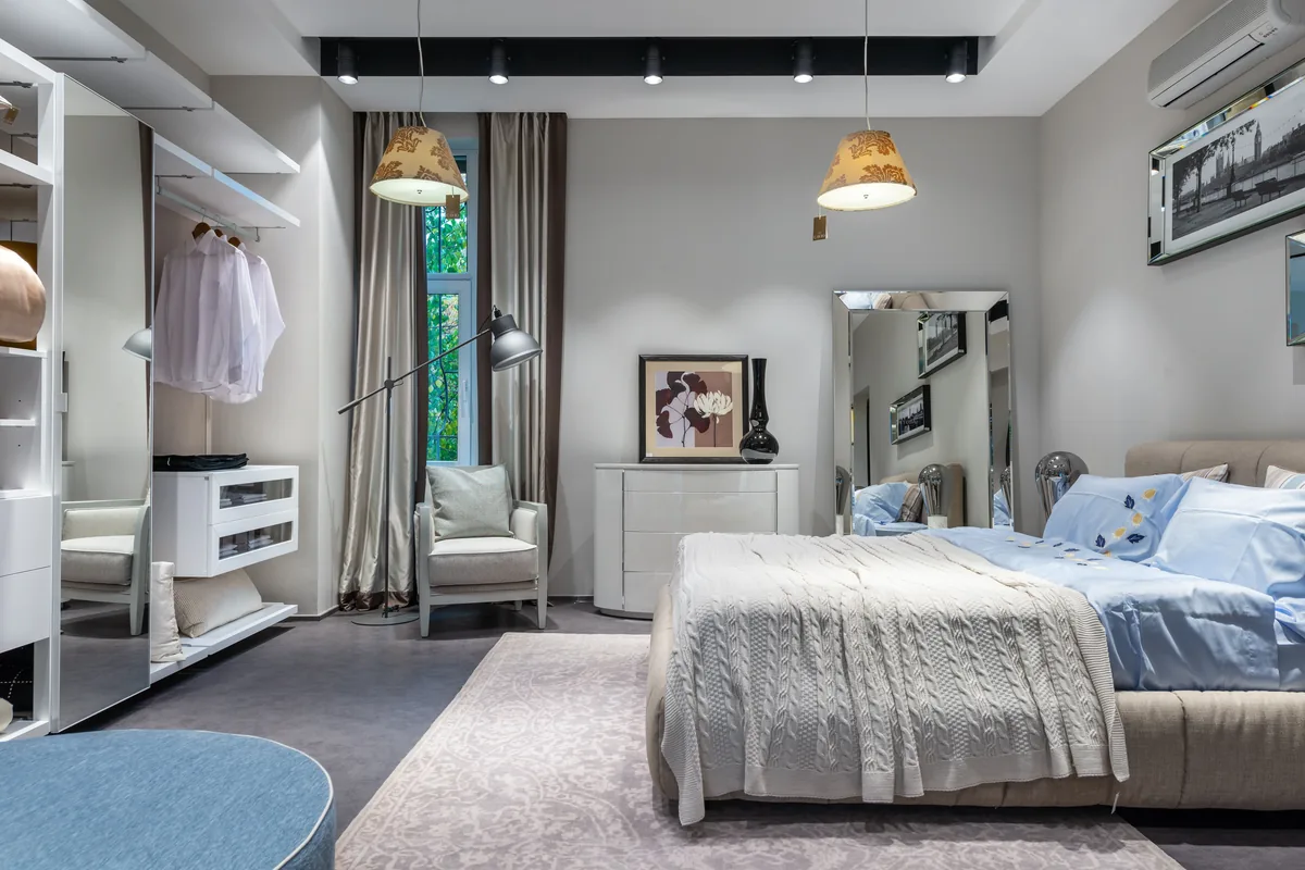 Modern bedroom interior with built-in wardrobe