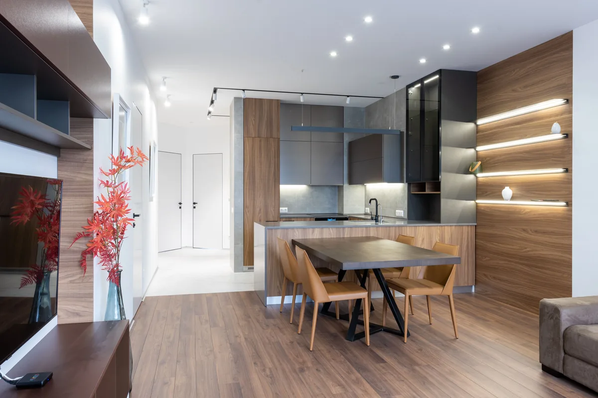 Modern open-plan modular kitchen and dining interior